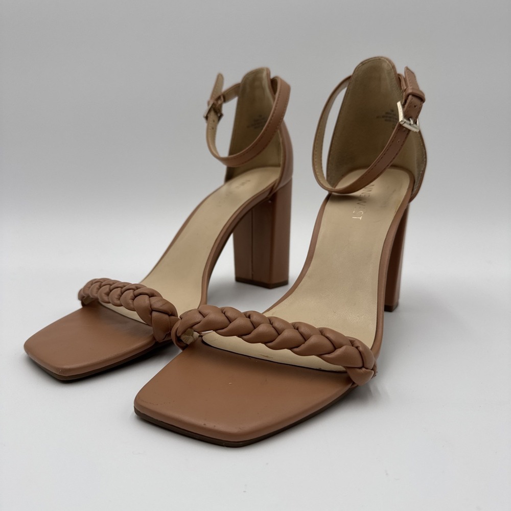 Nine West Nude Ankle Strap Block Heel Sandals Womens 10 M Classic Braided Strap